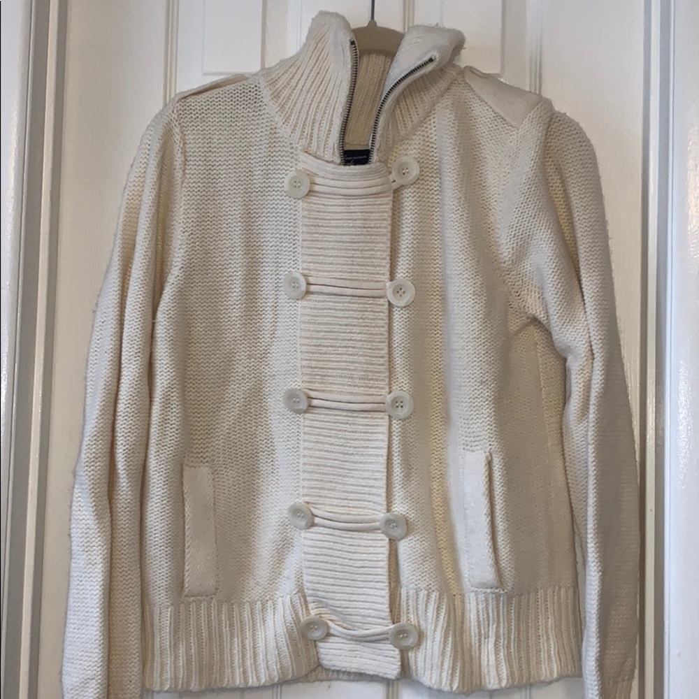 American Eagle knit ivory zip military style sweater button up front XL
